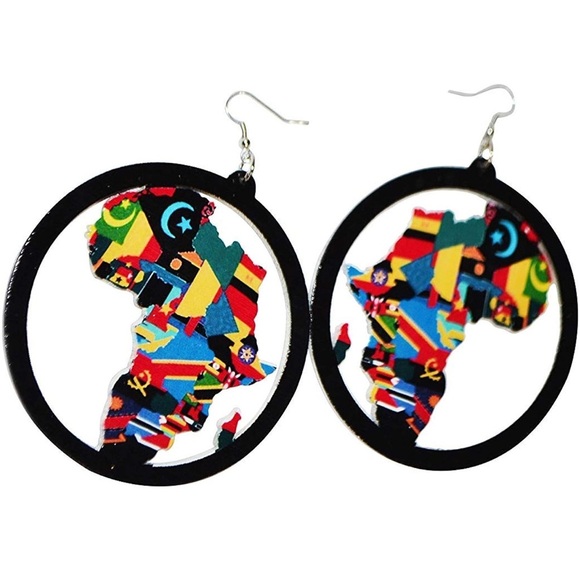 Colorful Africa Map Earrings Wooden - Picture 1 of 5